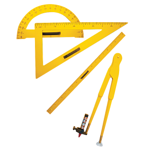 ENSEMBLE INSTRUMENTS GEOMETRIQUES POUR TABLEAU (REGLE - COMPAS - RAPPORTEUR - EQUERRE)